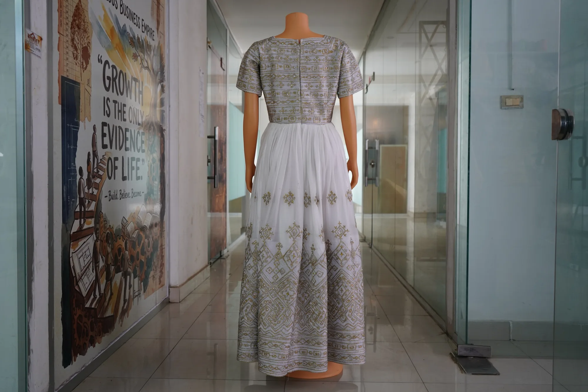 Designer Habesha Kemis with Elegant Hand-Woven Tibeb, Menen, Saba, China, Tilf fabric, Back — Yorda Design