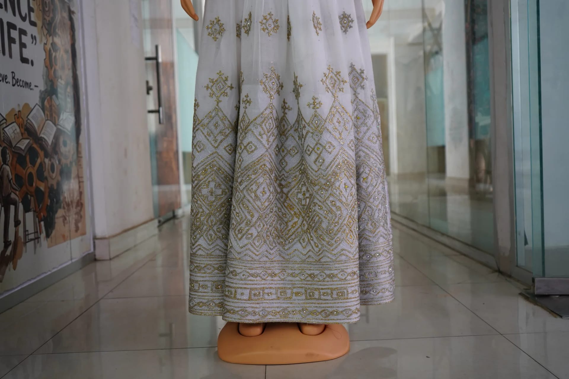 Designer Habesha Kemis with Elegant Hand-Woven Tibeb, Menen, Saba, China, Tilf fabric, Detail — Yorda Design