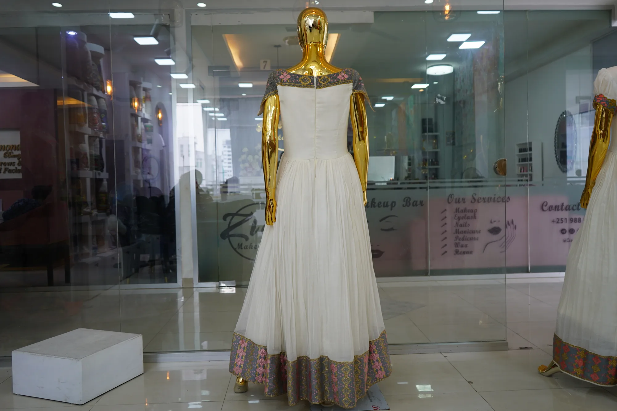 Luxury Ethiopian Habesha Kemis with Traditional Cotton Tibeb, Menen, Saba, Workezeb fabric, Back — Tilf Tibeb