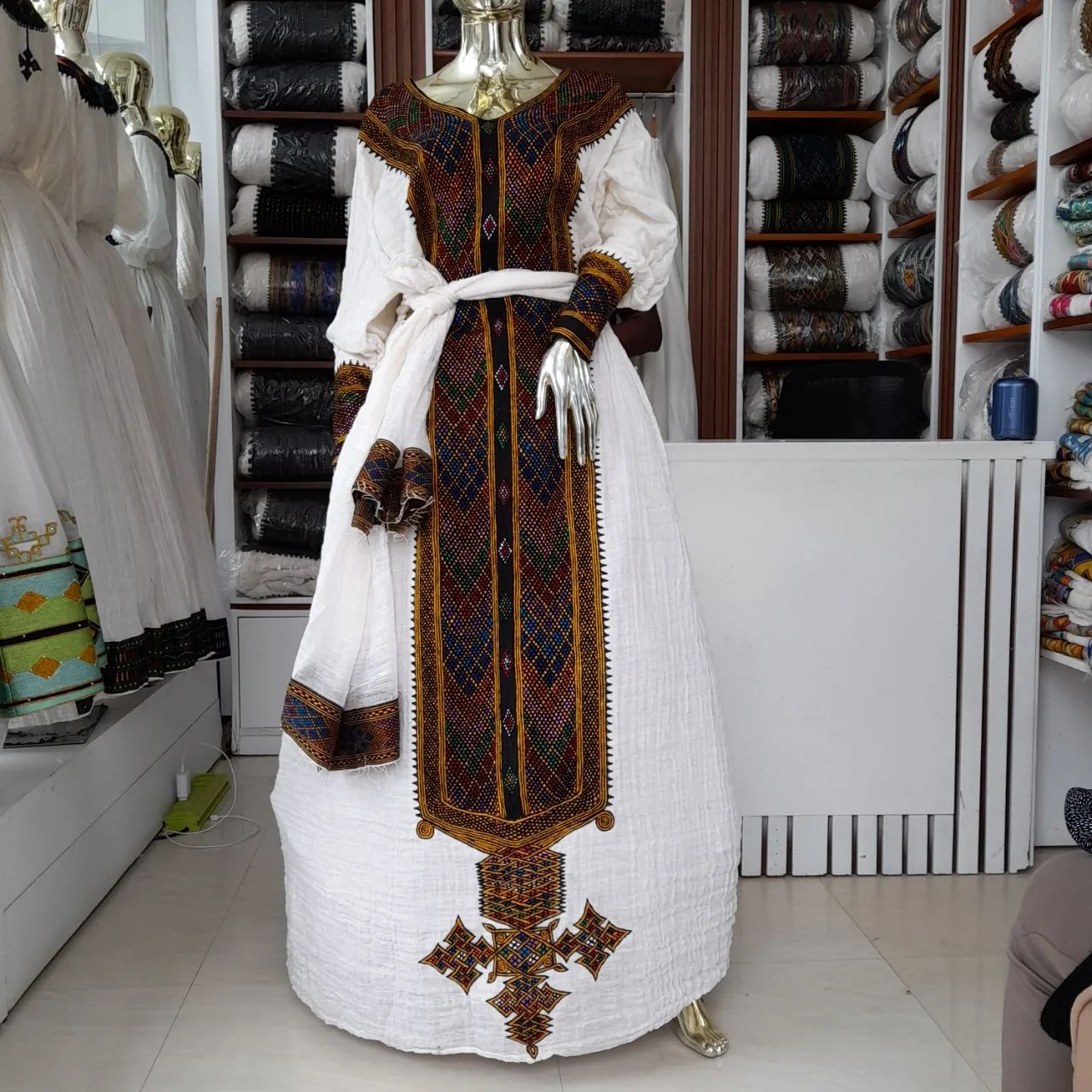 Traditional Ethiopian Habesha Kemis with Premium Gold Tibeb, Fetil fabric, Front — Alex Tibeb