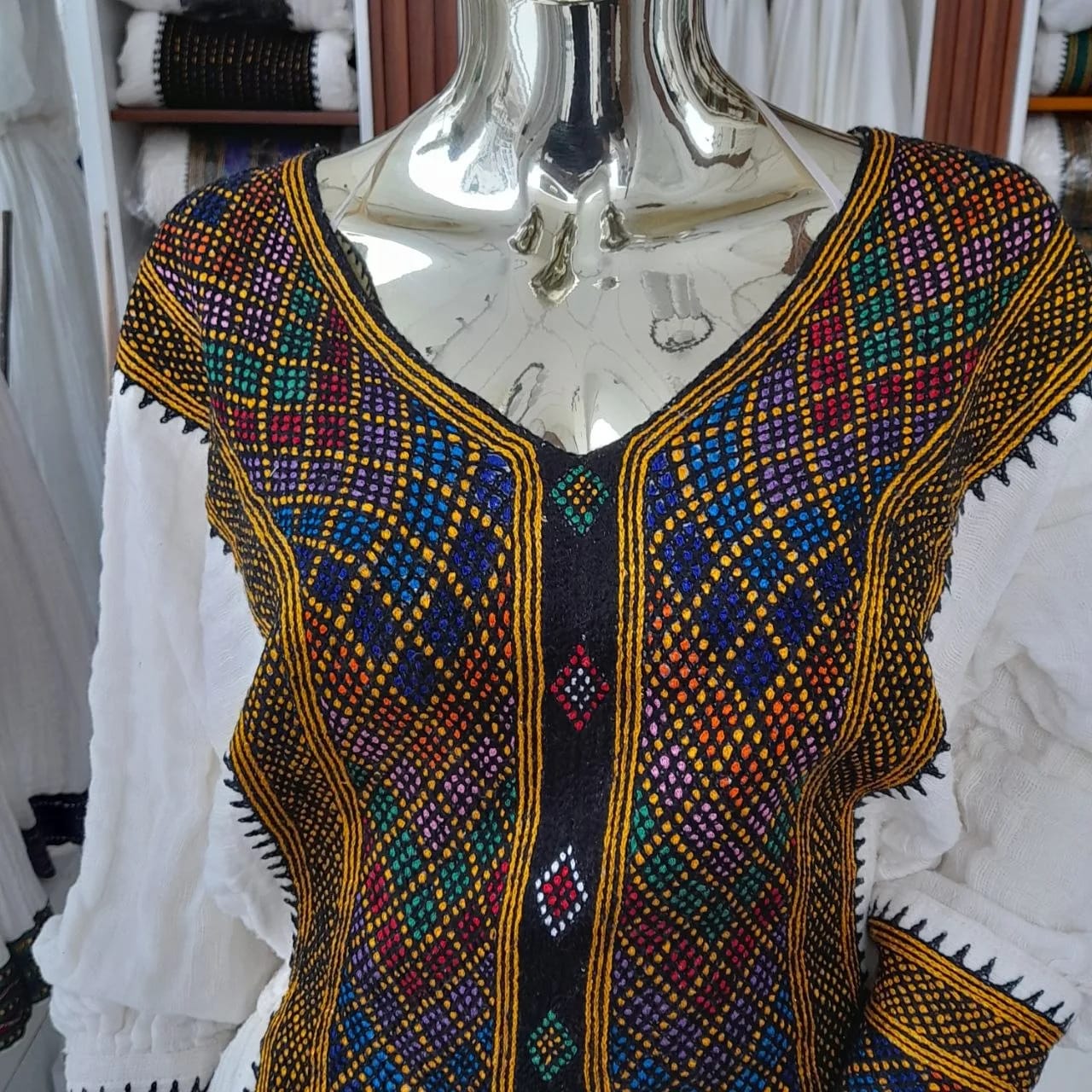 Traditional Ethiopian Habesha Kemis with Premium Gold Tibeb, Fetil fabric, Back — Alex Tibeb