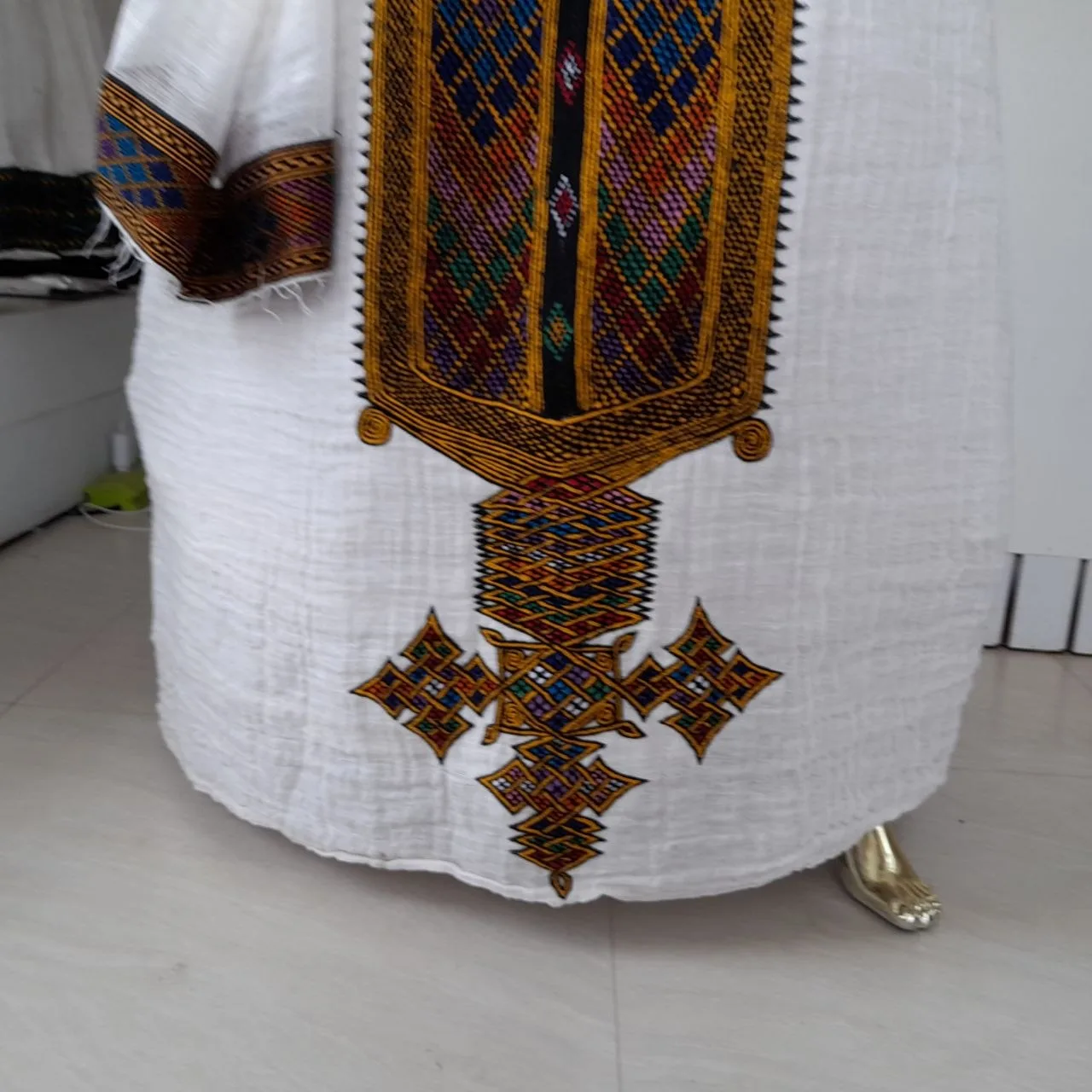 Traditional Ethiopian Habesha Kemis with Premium Gold Tibeb, Fetil fabric, Detail — Alex Tibeb