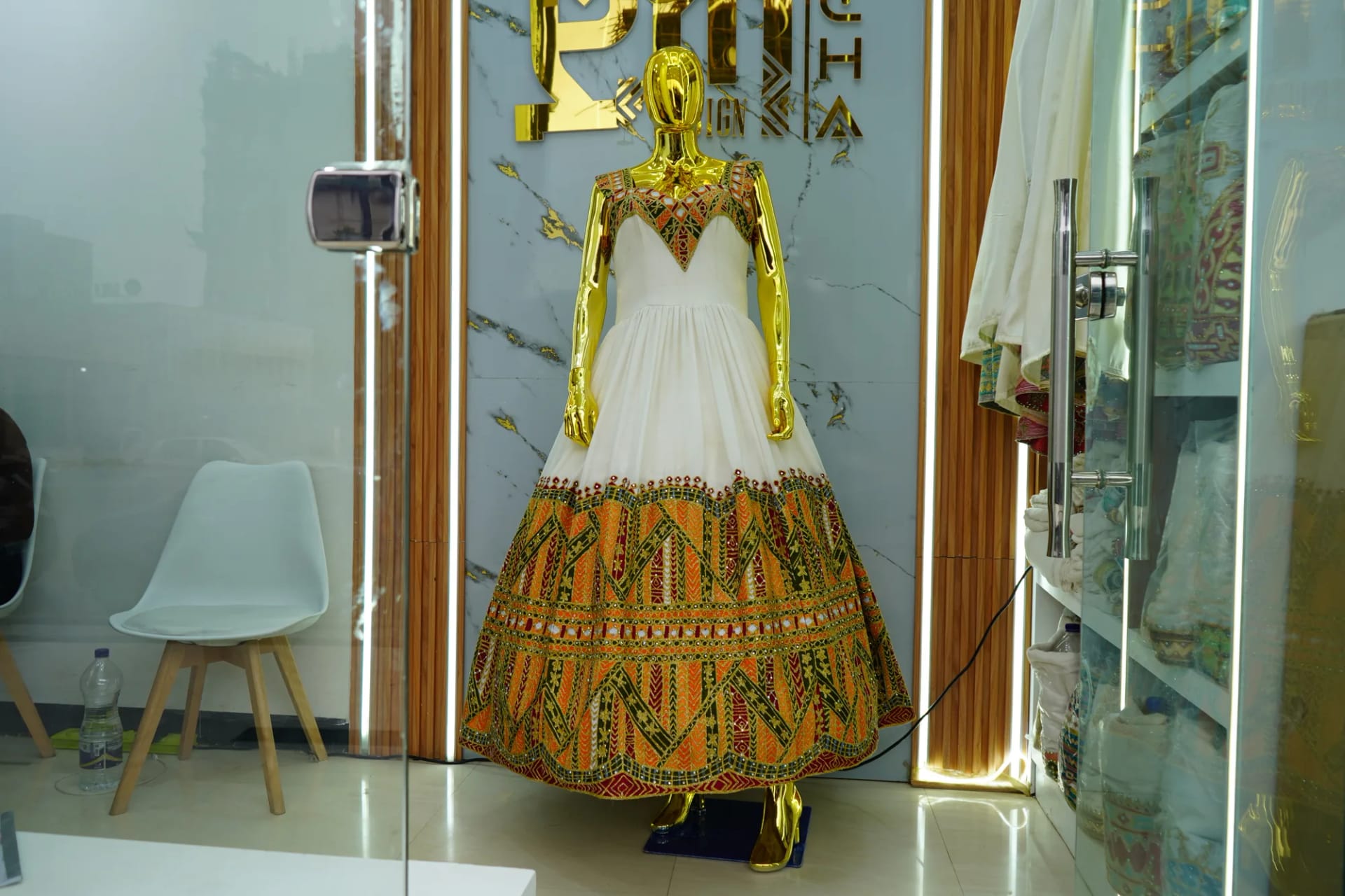 Premium Hand-Woven Ethiopian Habesha Kemis with Royal Gold Tibeb, Menen, Tilf fabric, Front — Yeha Design