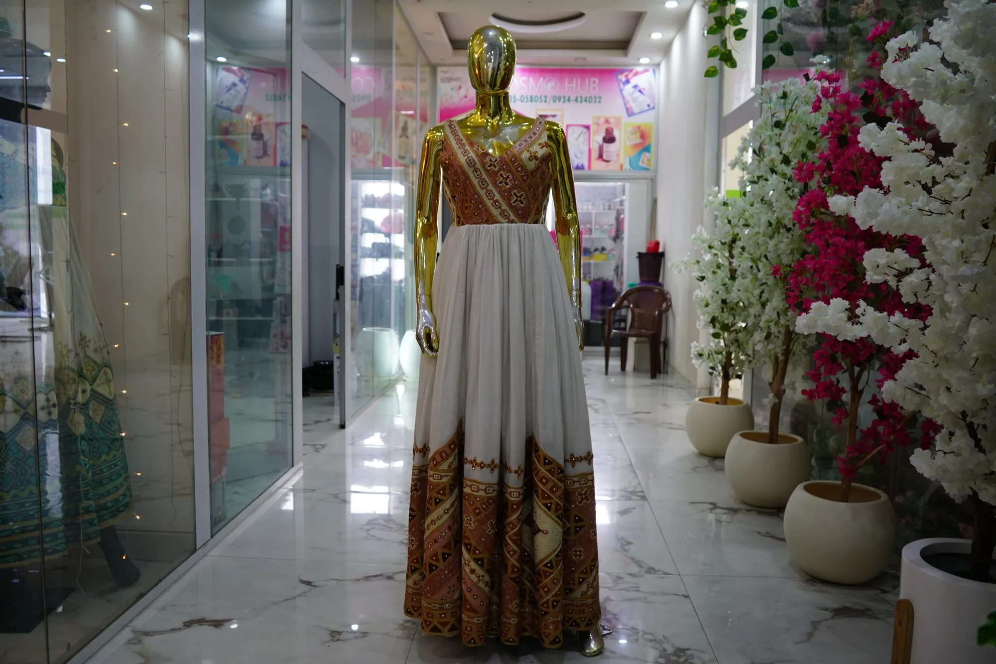 Hand-Woven Ethiopian Habesha Kemis with Premium Gold Tibeb, Menen, Saba fabric, Front — Kaba Design
