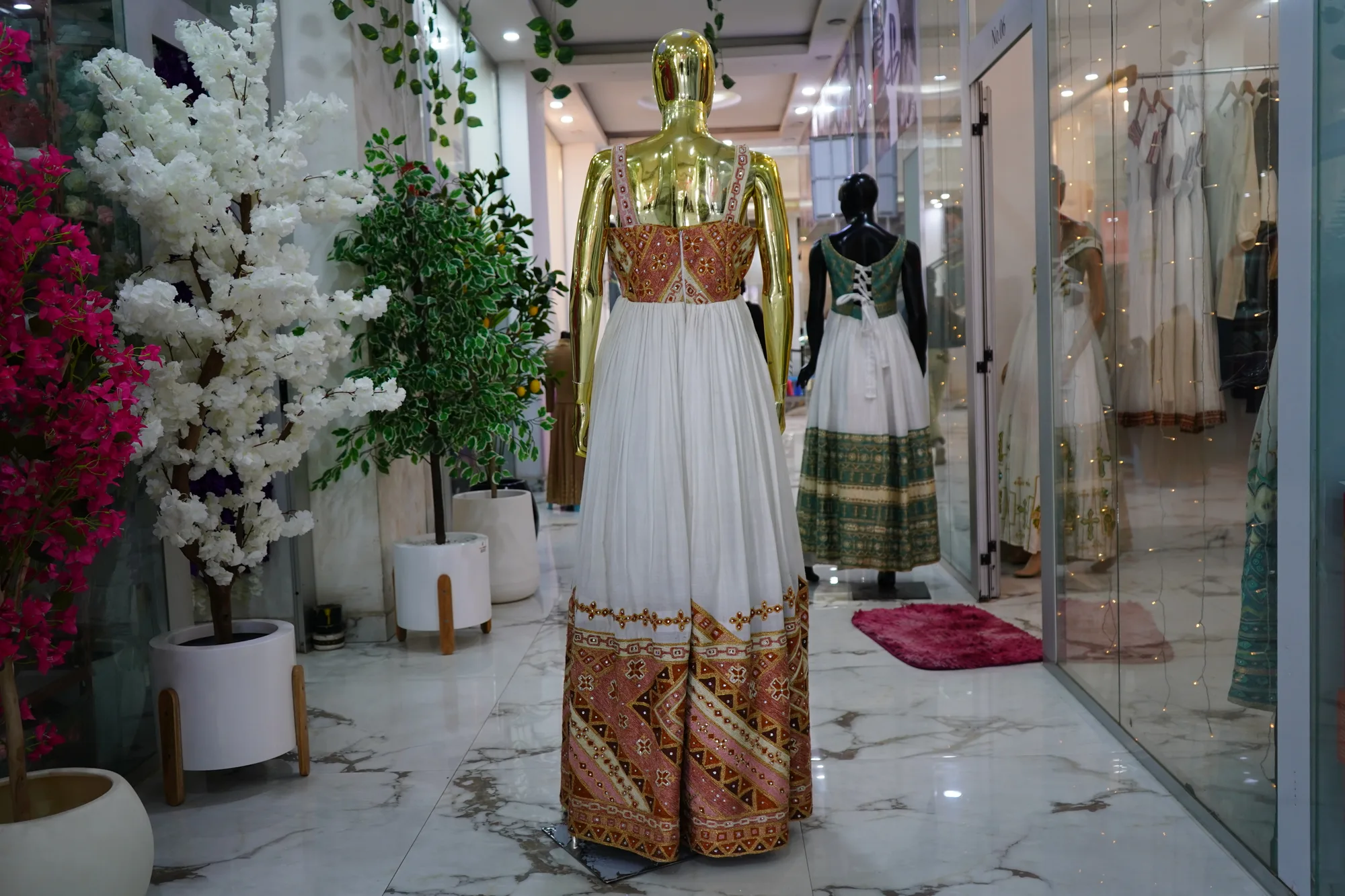 Hand-Woven Ethiopian Habesha Kemis with Premium Gold Tibeb, Menen, Saba fabric, Back — Kaba Design