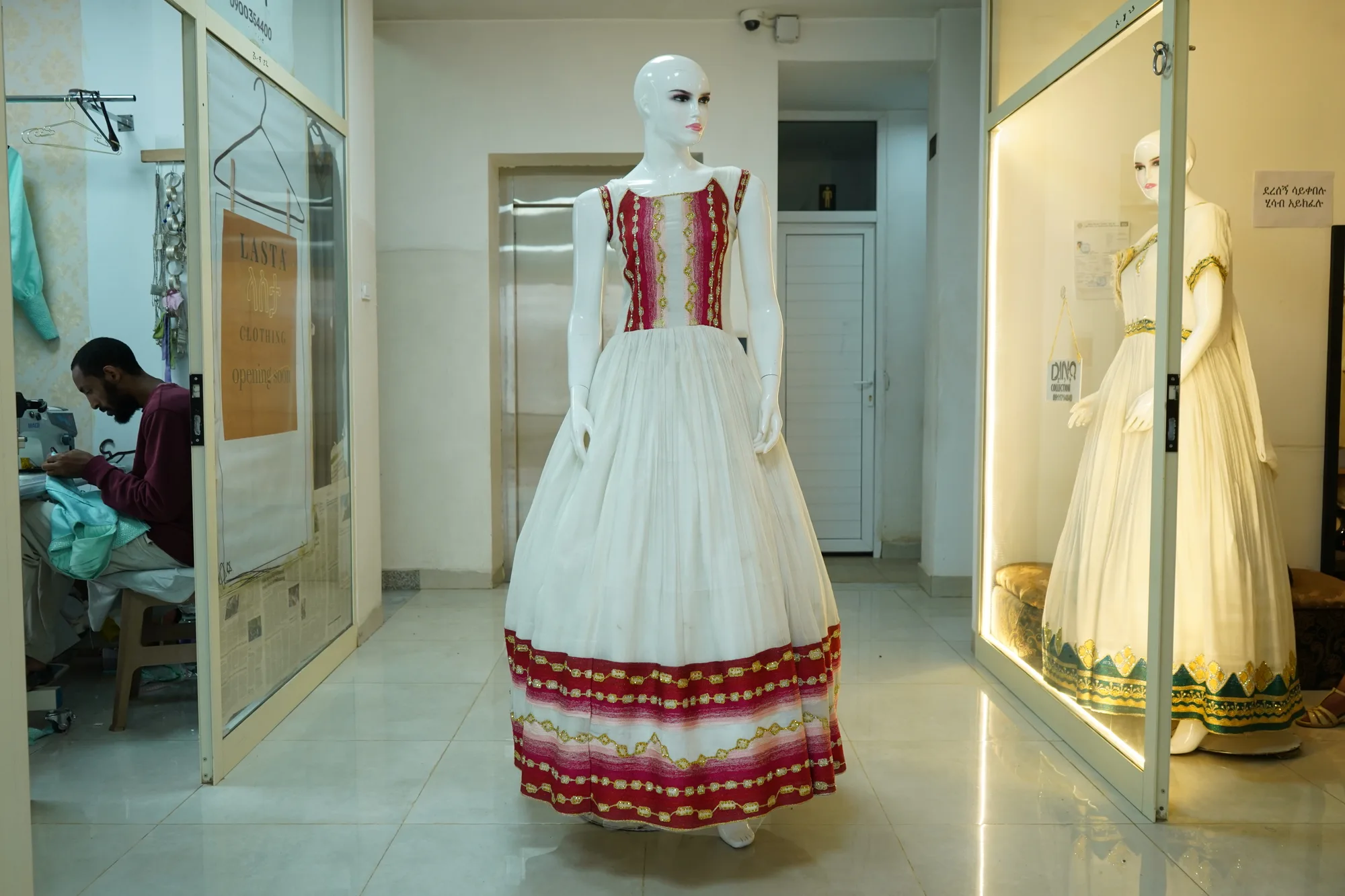 Modern Ethiopian Habesha Dress with Handcrafted Gold Tibeb Accents, Habesha Kemis, Front — Dink Collection