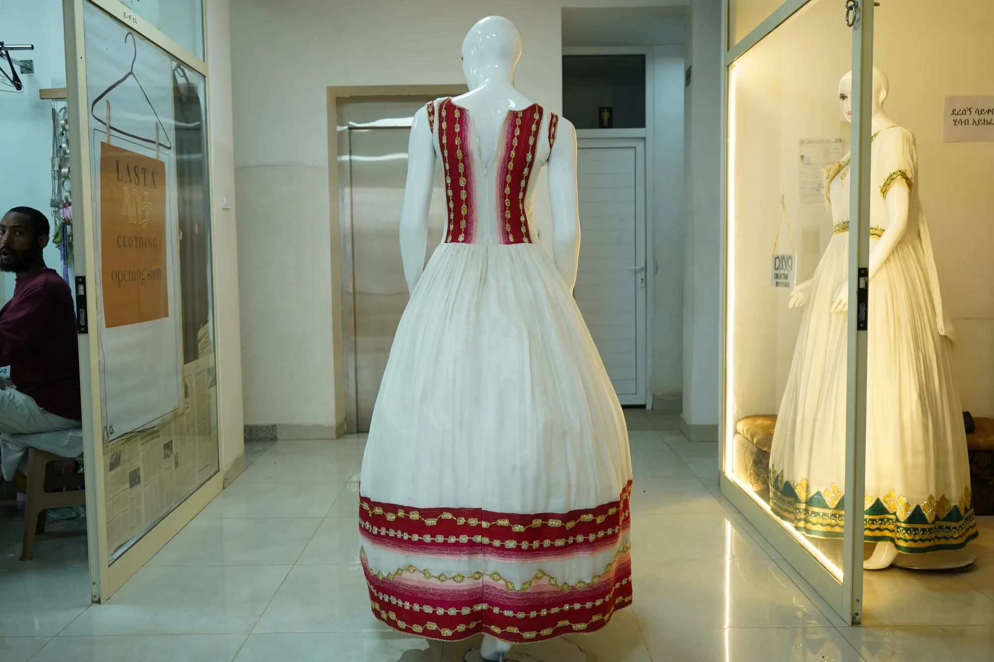 Modern Ethiopian Habesha Dress with Handcrafted Gold Tibeb Accents, Habesha Kemis, Back — Dink Collection