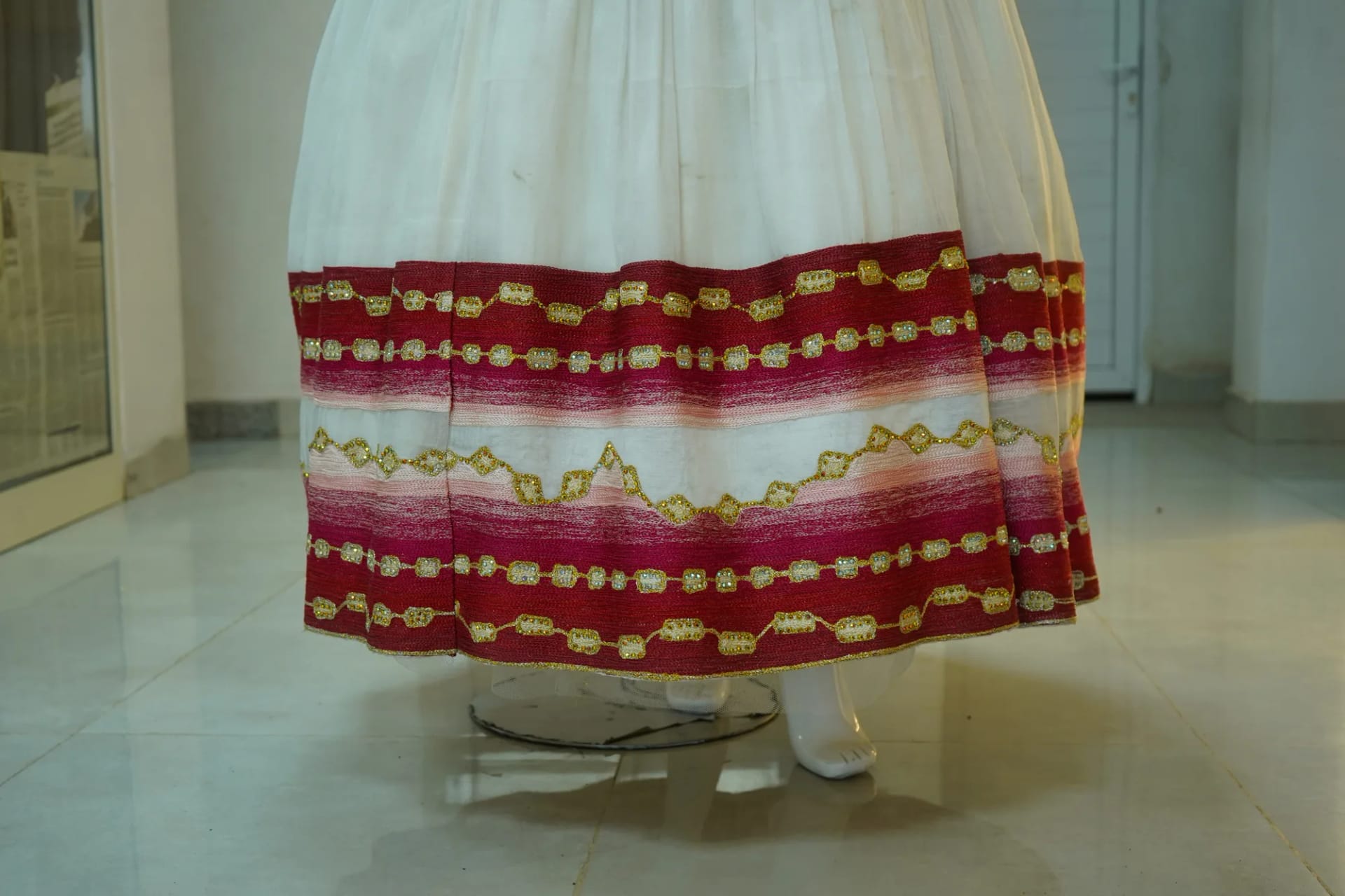 Modern Ethiopian Habesha Dress with Handcrafted Gold Tibeb Accents, Habesha Kemis, Detail — Dink Collection