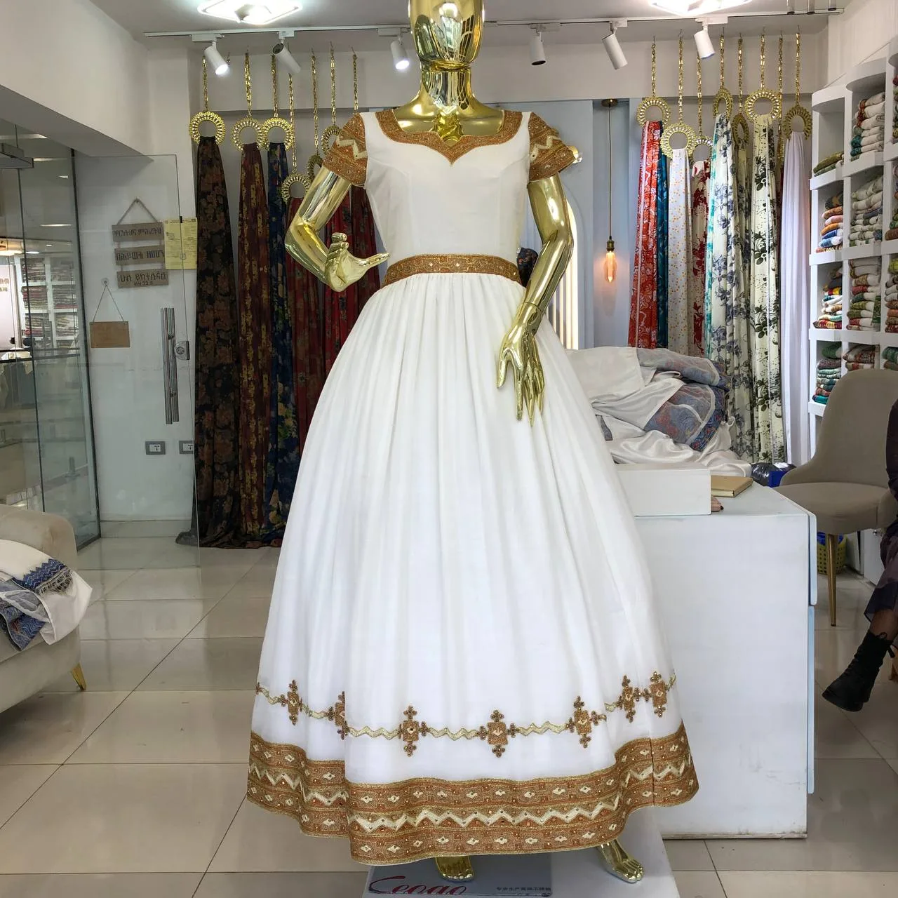 Classic Hand-Woven Ethiopian Habesha Kemis with Authentic Tibeb, Front — Ephrem Habesha
