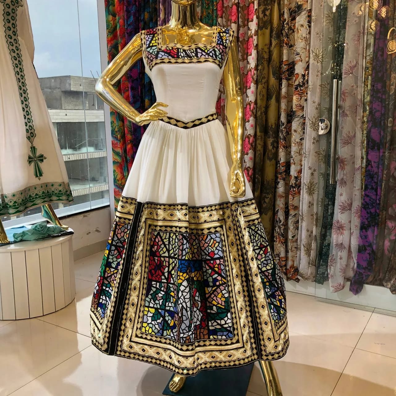 Modern Bridal Habesha Kemis with Traditional Gold Tibeb, Front — Ema Design