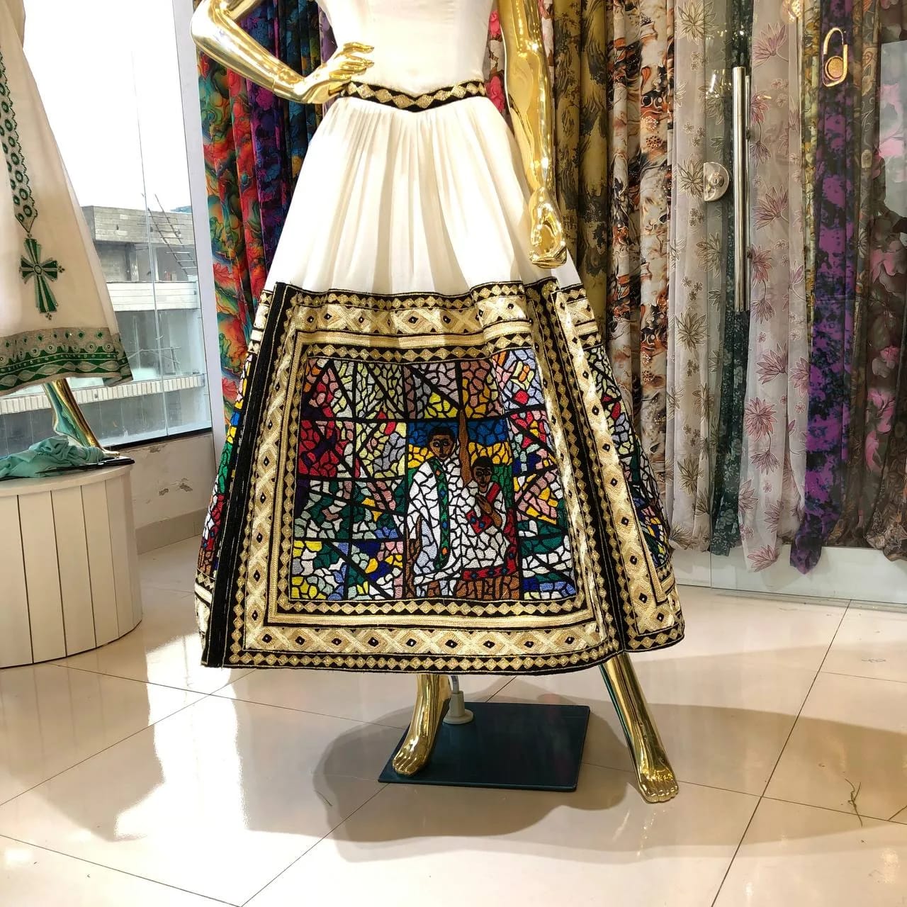 Modern Bridal Habesha Kemis with Traditional Gold Tibeb, Back — Ema Design