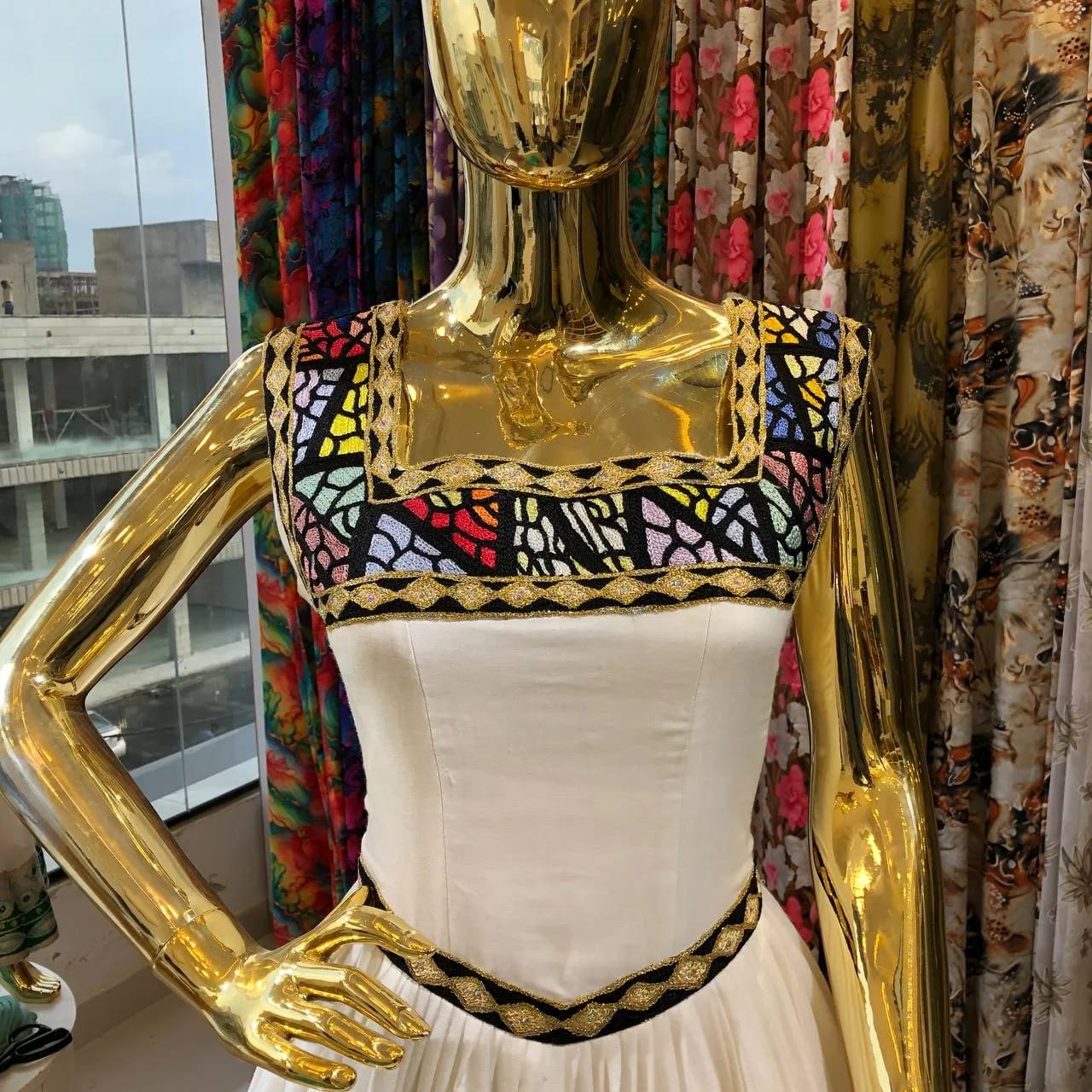 Modern Bridal Habesha Kemis with Traditional Gold Tibeb, Detail — Ema Design