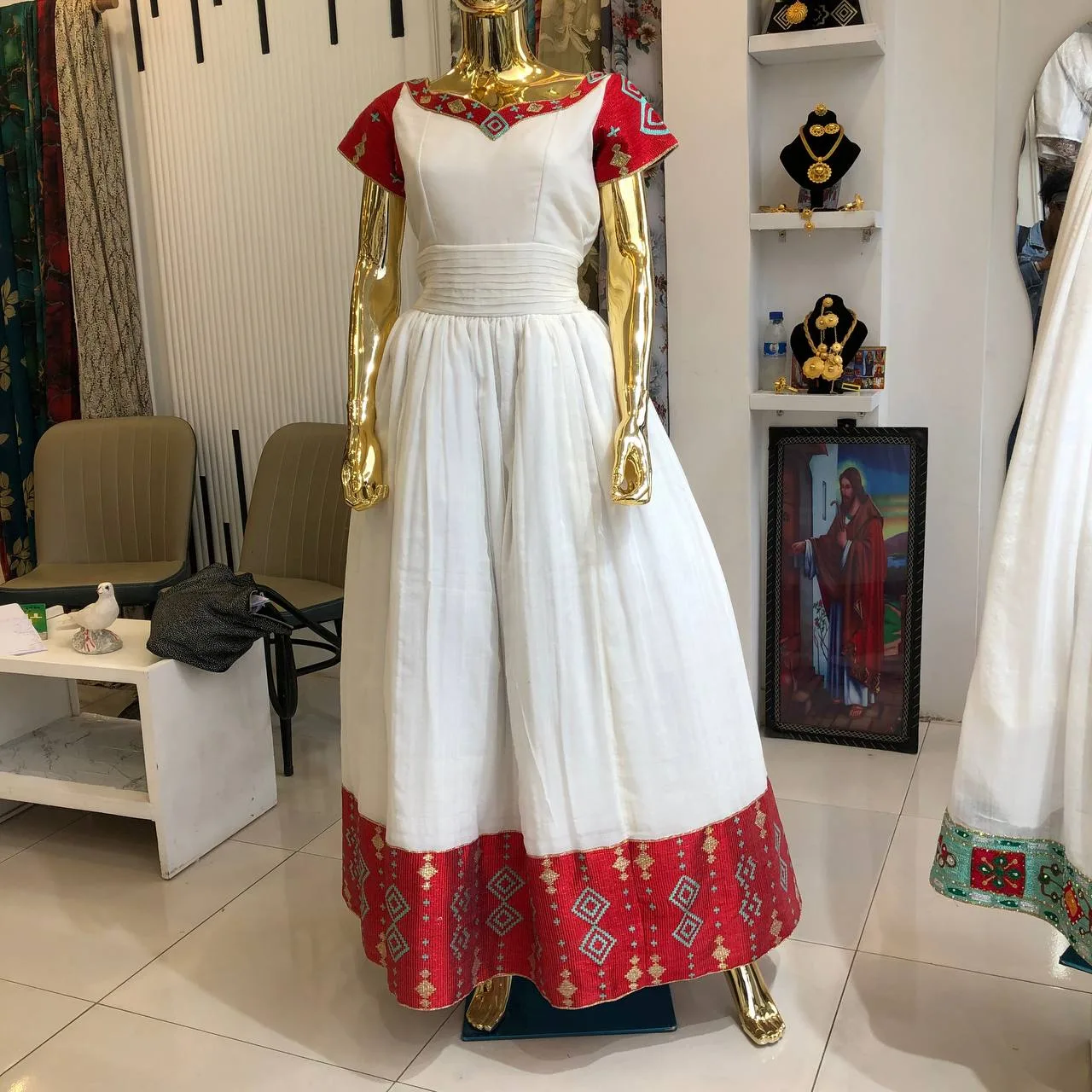 Luxury Wedding Habesha Kemis with Handcrafted Gold Tibeb, worldwide fabric — Saron Design