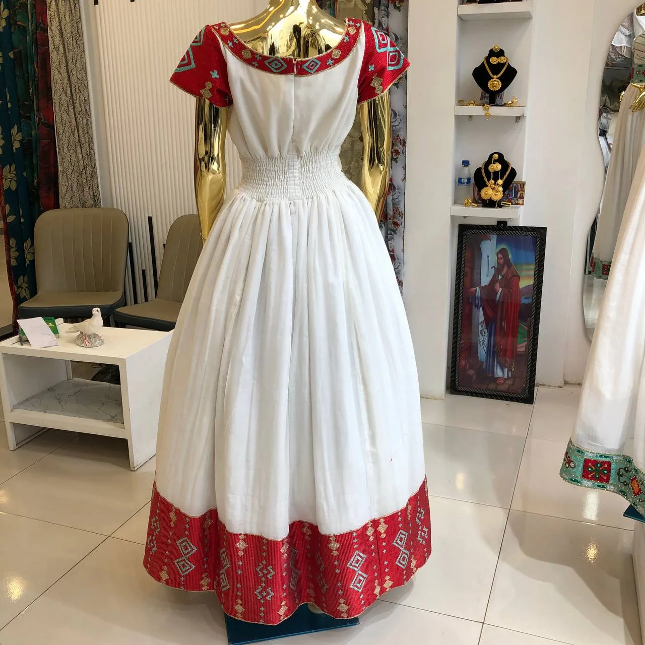 Luxury Wedding Habesha Kemis with Handcrafted Gold Tibeb, worldwide fabric, Back — Saron Design