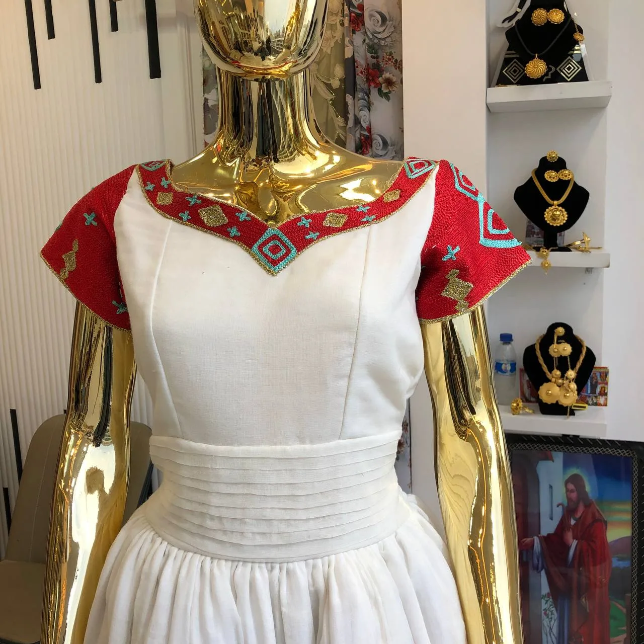Luxury Wedding Habesha Kemis with Handcrafted Gold Tibeb, worldwide fabric, Detail — Saron Design