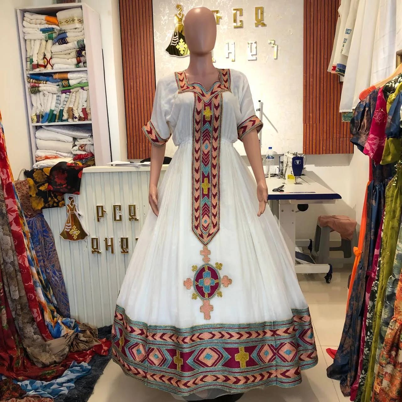 Hand-Woven Ethiopian Habesha Kemis with Elegant Gold Tibeb, Front — Yordi Design