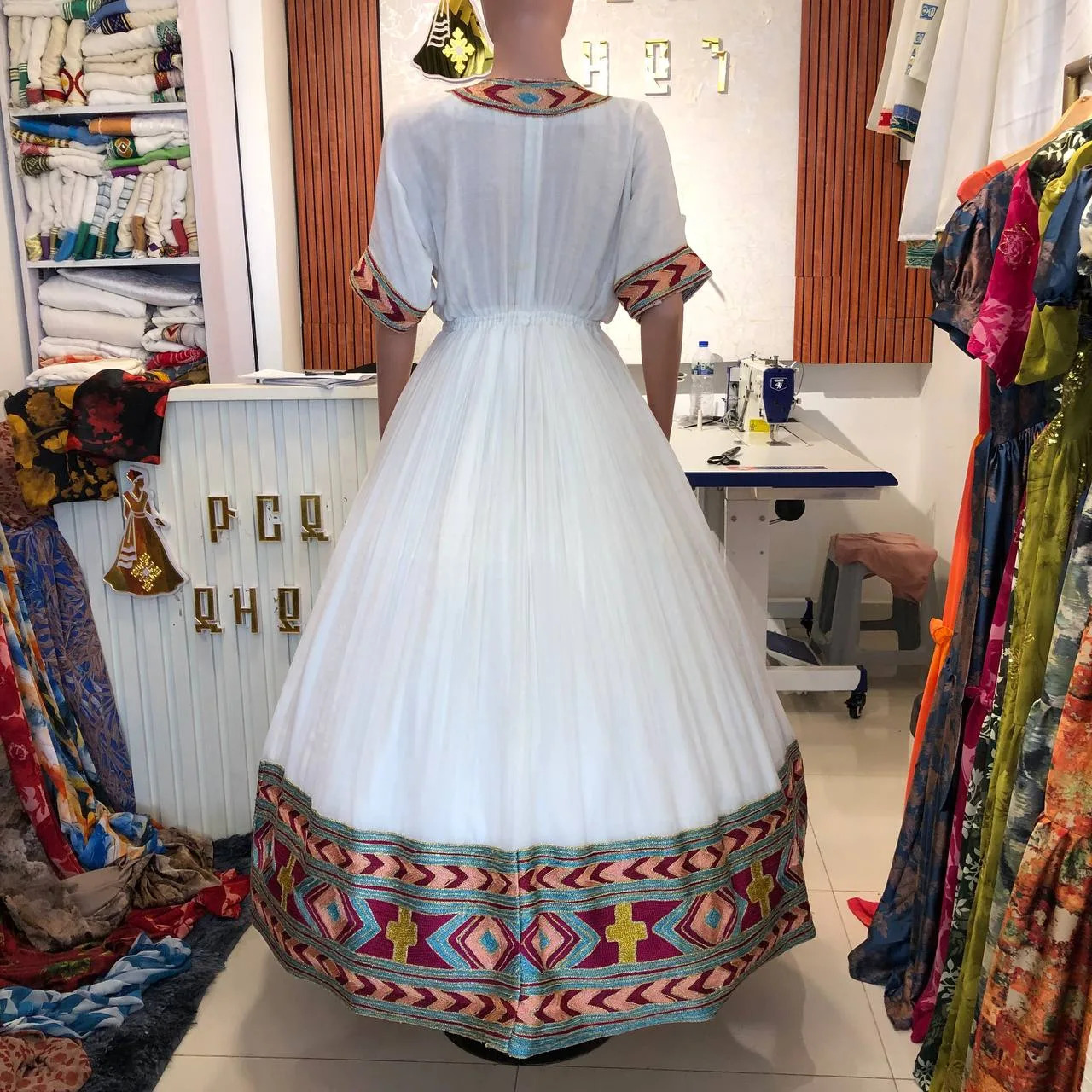 Hand-Woven Ethiopian Habesha Kemis with Elegant Gold Tibeb, Back — Yordi Design