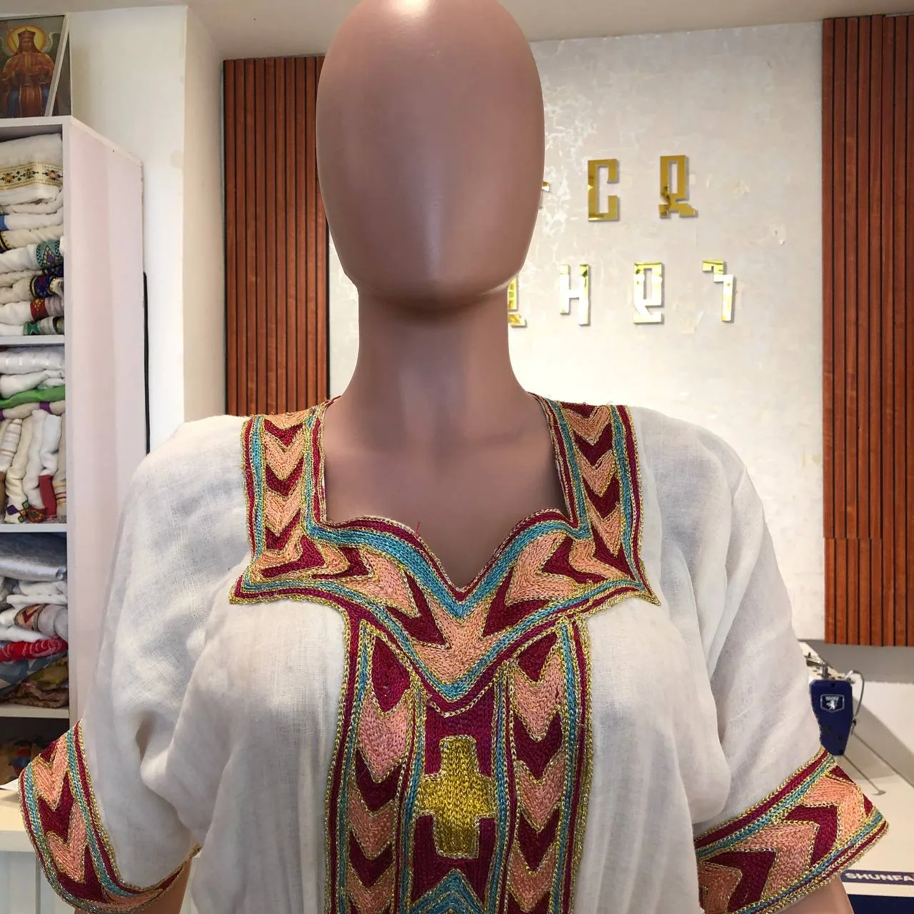 Hand-Woven Ethiopian Habesha Kemis with Elegant Gold Tibeb, Worn — Yordi Design