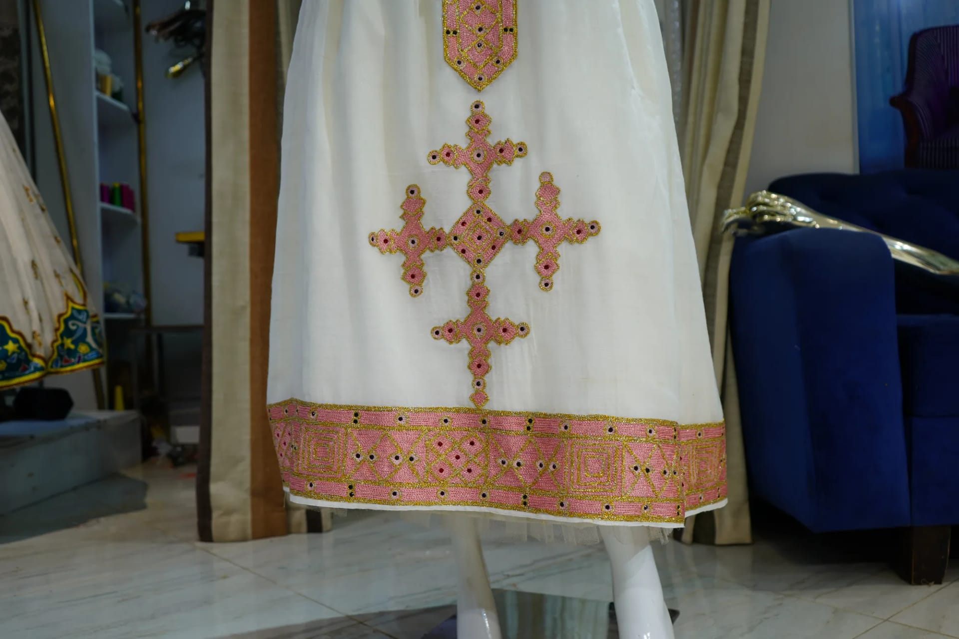 Hand-Woven Ethiopian Habesha Kemis with Elegant Gold Tibeb, All Traditional Material fabric, Detail — Ethio Style Traditional Cloths