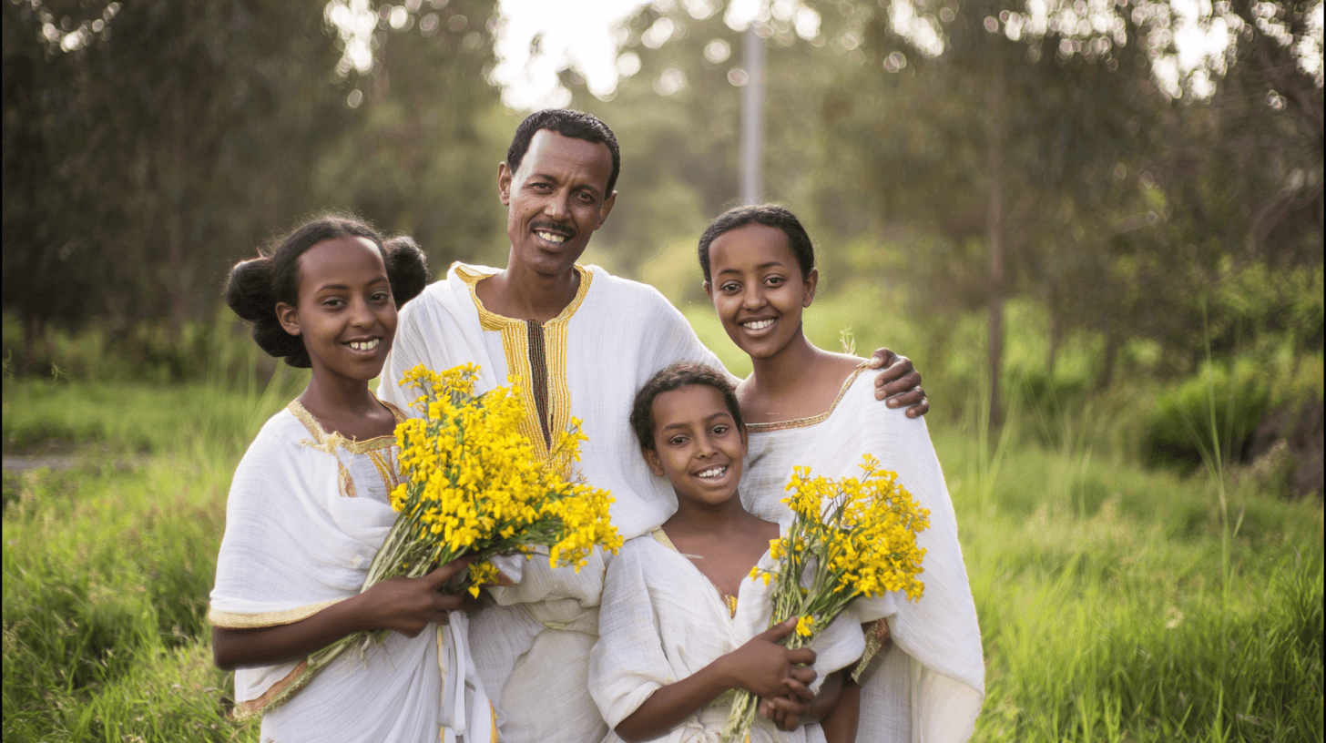 Ethiopian family dressed in matching white habesha kemis with gold tibeb celebrating Enkutatash outdoors with yellow meskel daisies