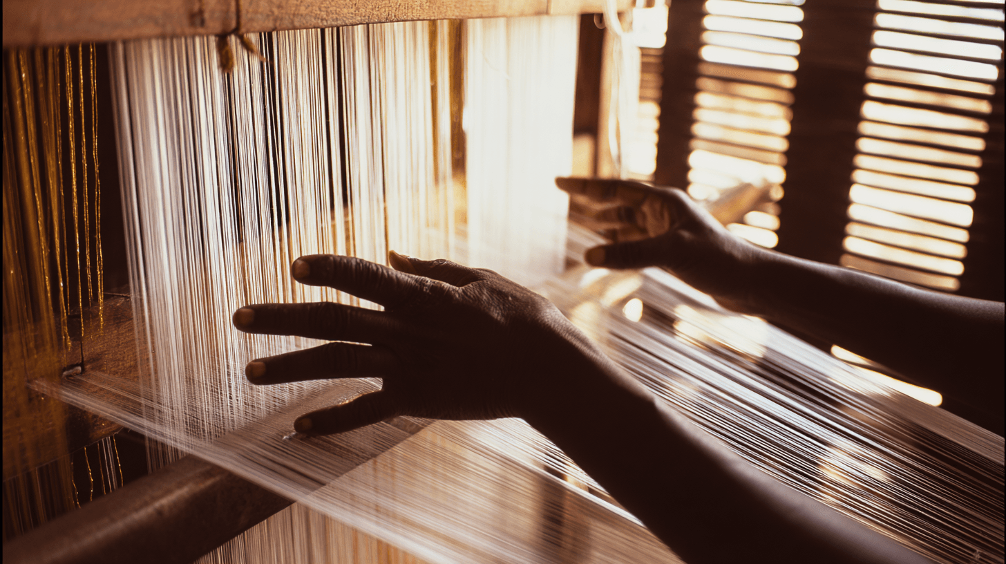 Ethiopian weaver's hands threading gold silk through white cotton warp on a traditional horizontal loom in a Shiro Meda workshop, warm light through wooden shutters