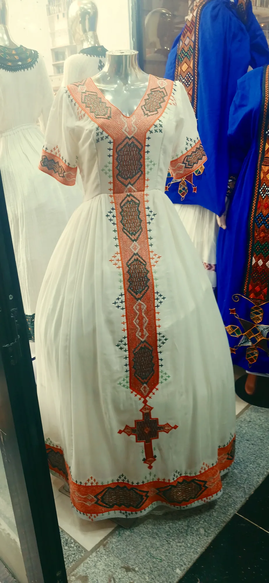 Hand waved habesha kemis, Hand spun cotton fabric, Front — Finote Sabawian Tibeb