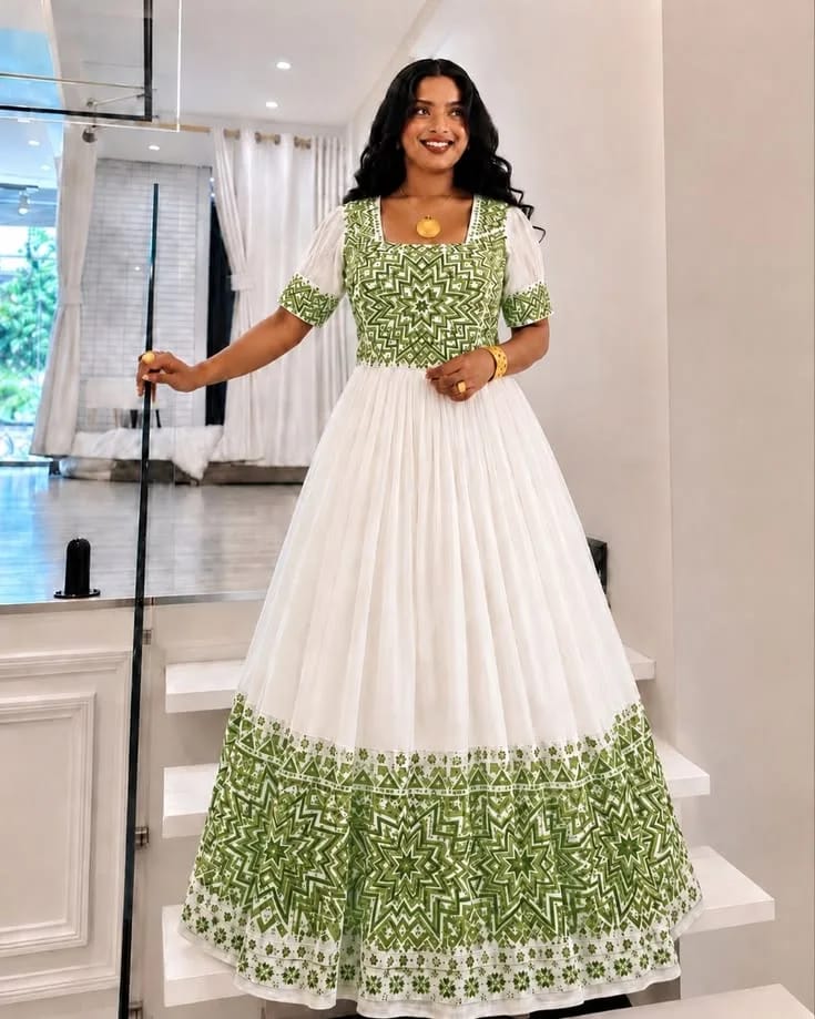 Top quality habeha kemis, Habesha Kemis, Cotton ,silk tread fabric, Front — Finote Sabawian Tibeb