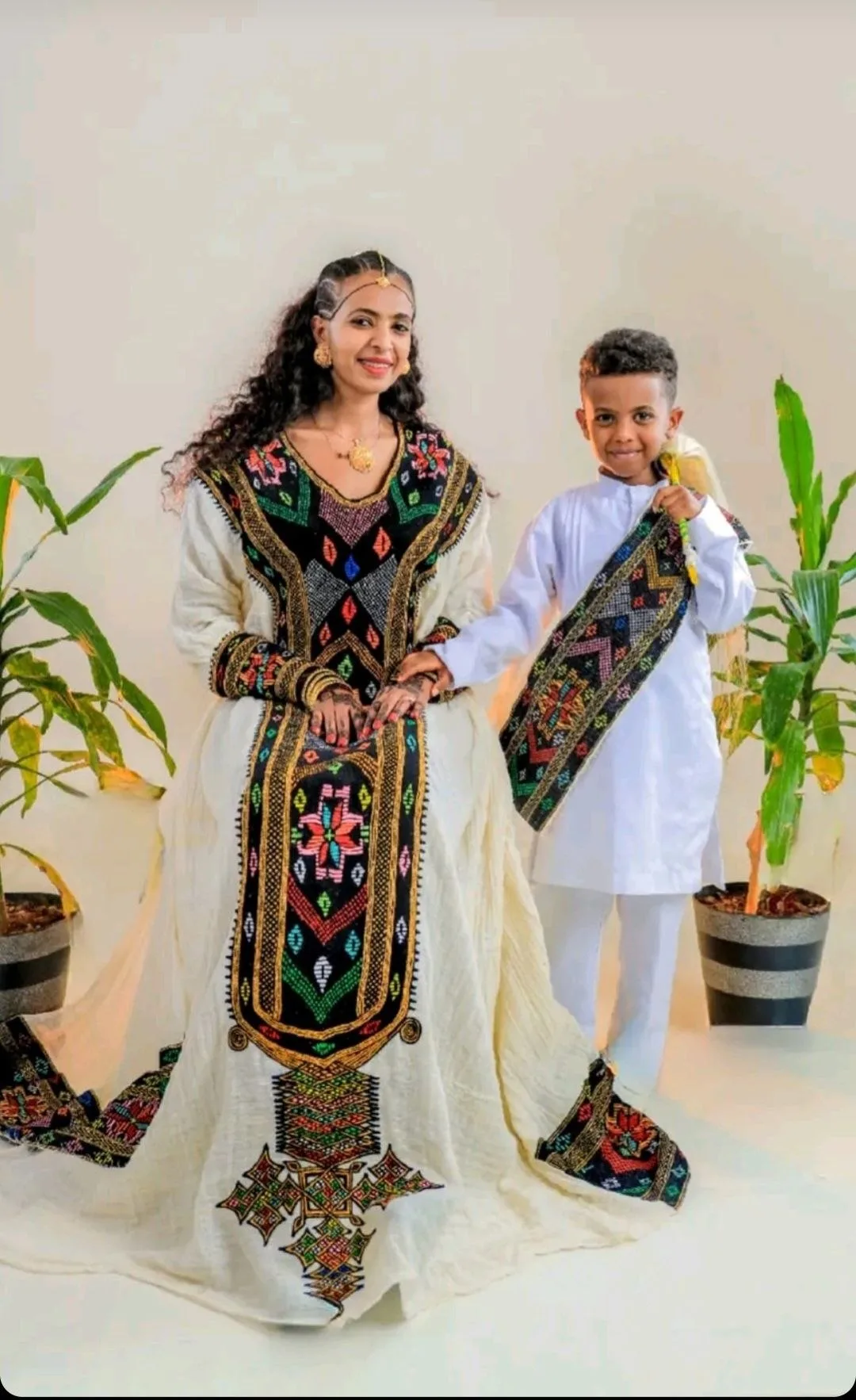 hand loomed habesha kemis, Cotton fabric, Front — Finote Sabawian Tibeb