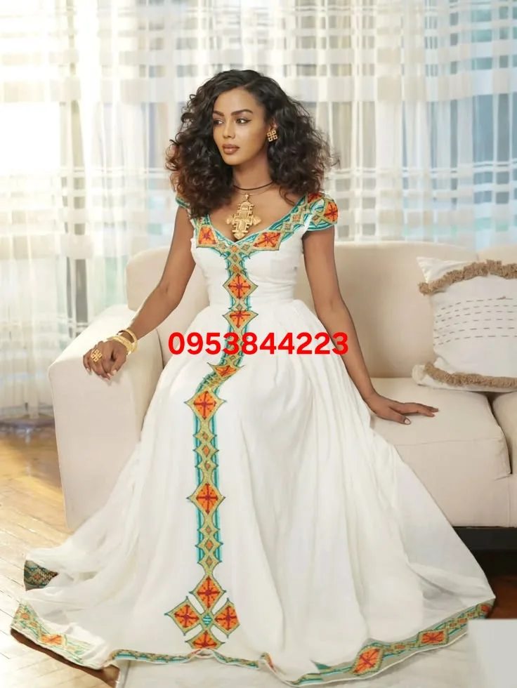 Hand made habesha kemis, Cotton fabric, Front — Finote Sabawian Tibeb