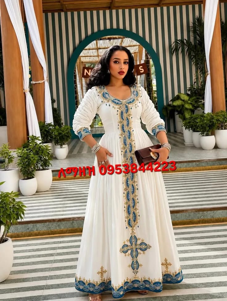 Top quality habeha kemis, Habesha Kemis, Cotton ,silk tread fabric, Front — Finote Sabawian Tibeb