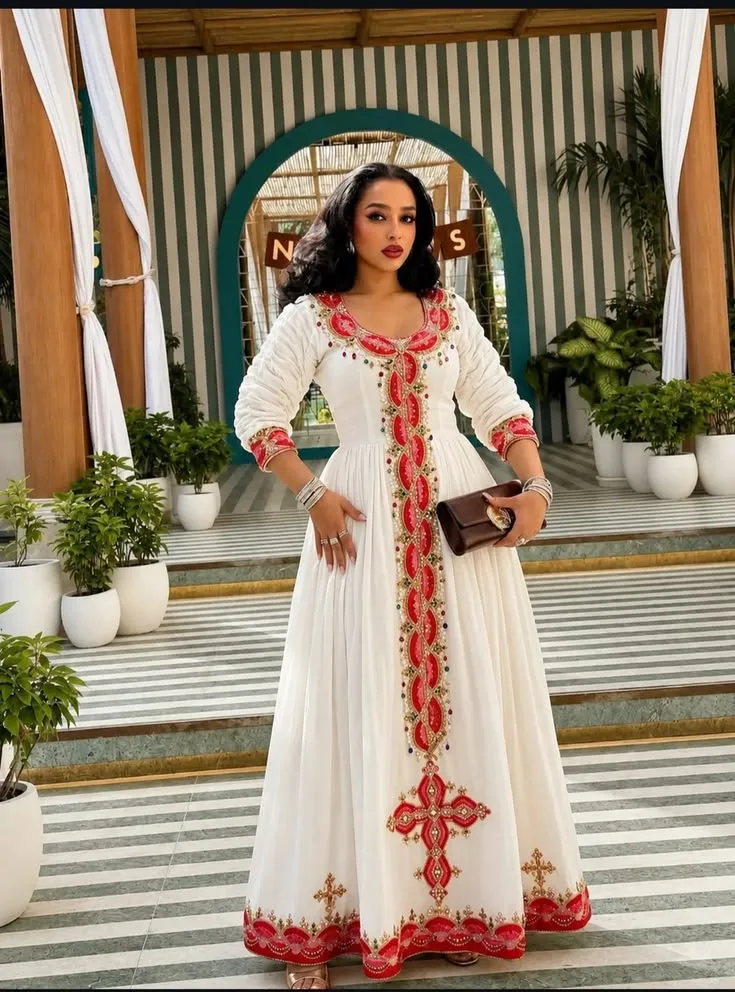 Top quality habeha kemis, Habesha Kemis, Cotton ,silk tread fabric, Front — Finote Sabawian Tibeb