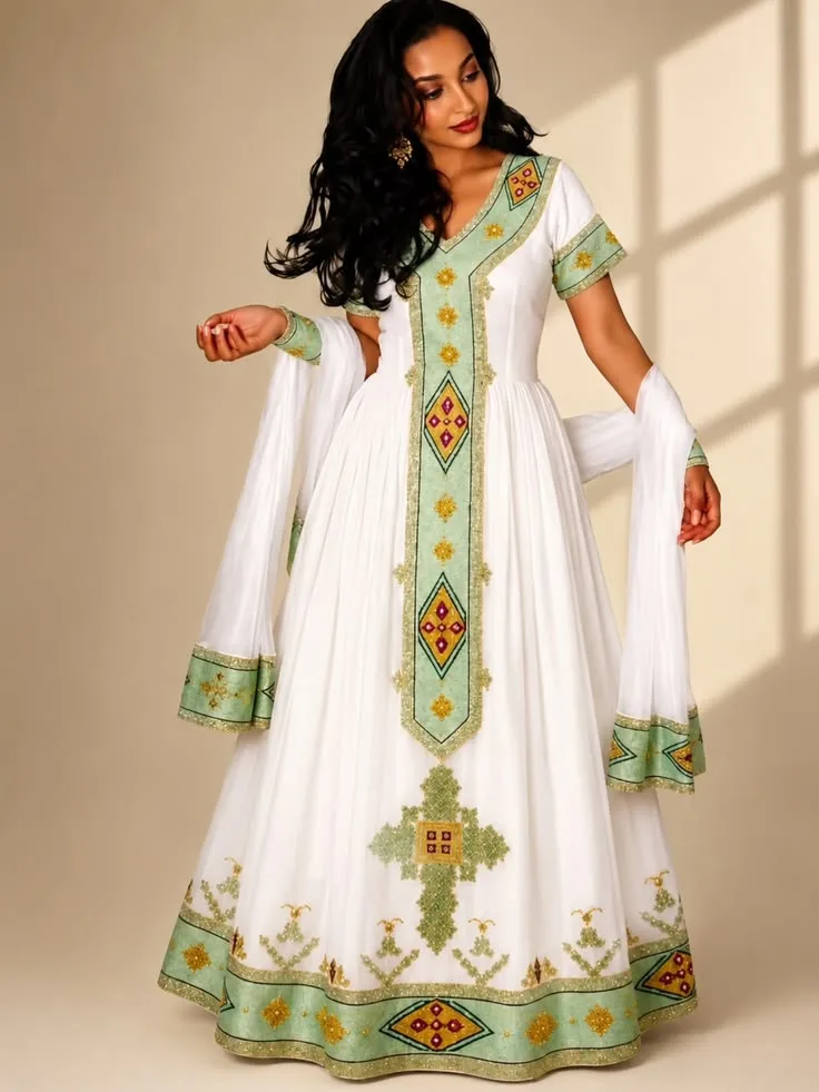 Hand loomed, Habesha Kemis, Cotton fabric — Finote Sabawian Tibeb