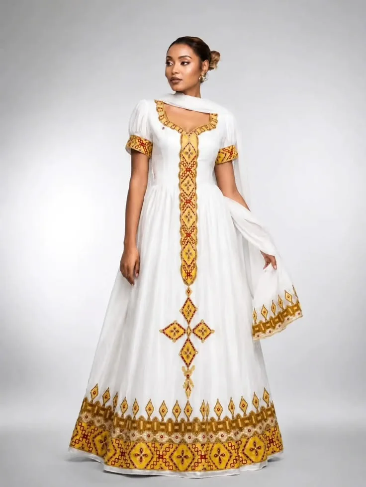 habesha tibeb, Habesha Kemis, Cotton fabric, Front — Finote Sabawian Tibeb