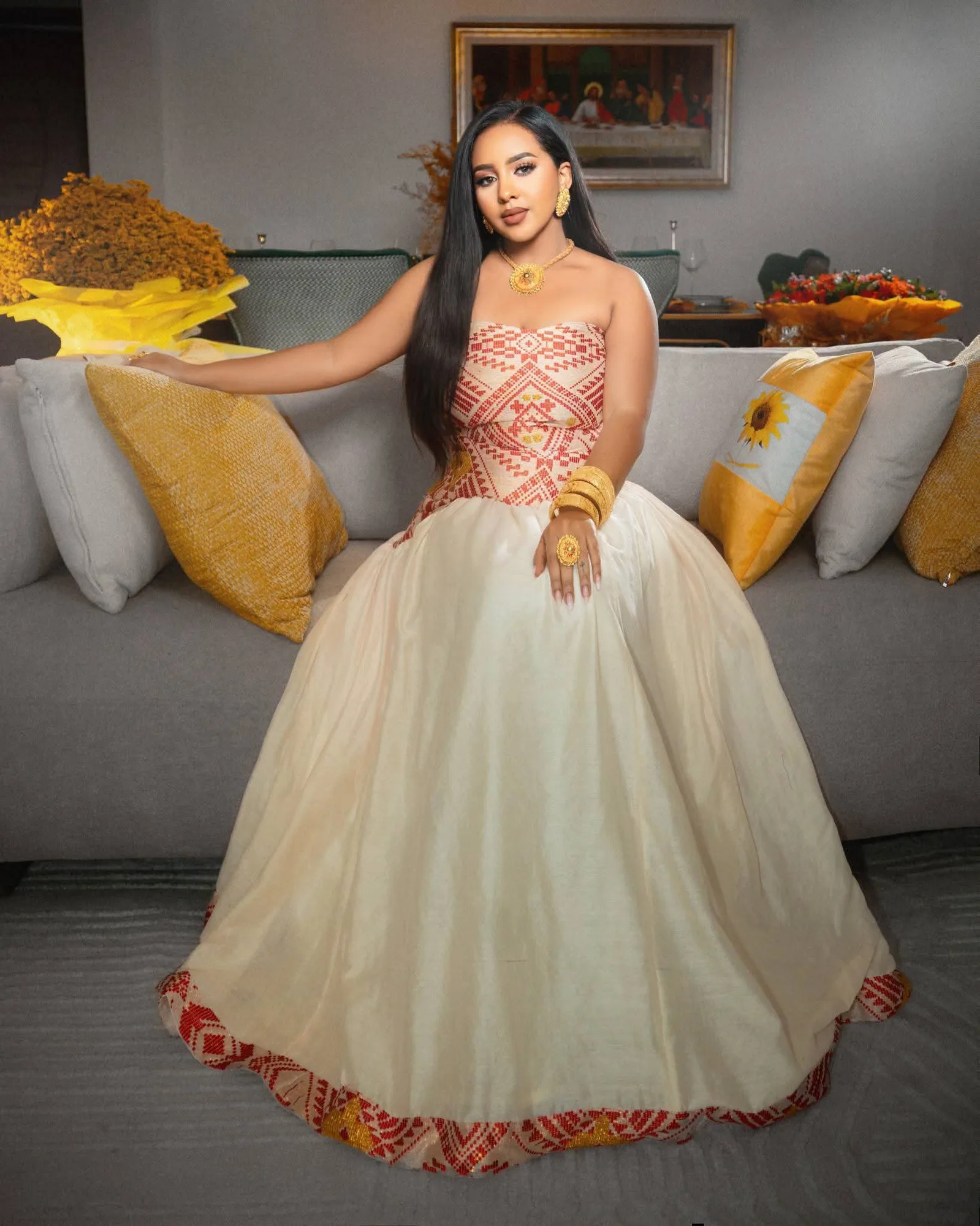 Elegant Ethiopian Habesha Traditional Dress | Handmade & Custom Made, Habesha Kemis, Cotton,menan fabric, Front — Ermi Habesha