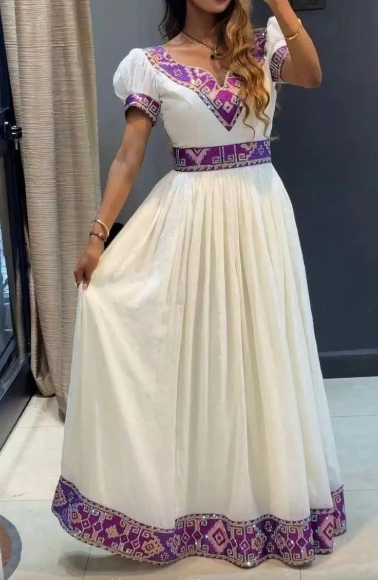 Elegant Ethiopian Habesha Traditional Dress | Handmade & Custom Made, Habesha Kemis, Cotton, menan quality fabric, Front — Ermi Habesha