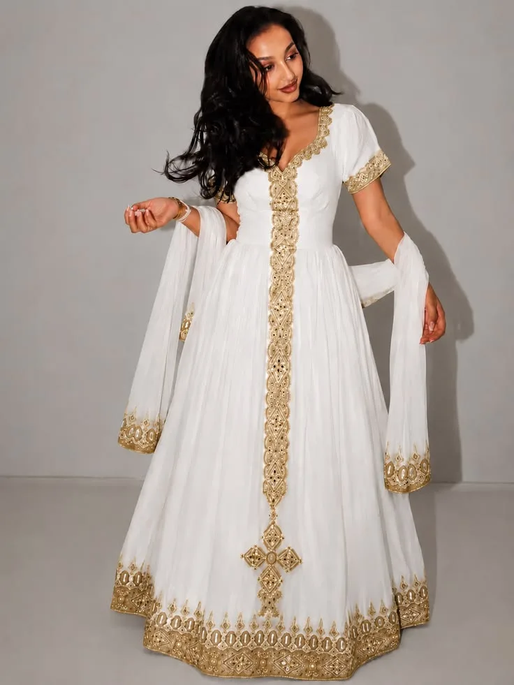 White Gown with Gold Tibeb Border - Ceremonial Style Dress, Habesha Kemis, qualite white menen fabric — Ermi Habesha