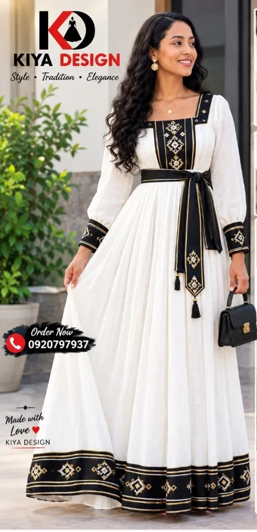 Kiya desigen, Habesha Kemis, Hand made Cotton fabric, Front — Simret Assefa