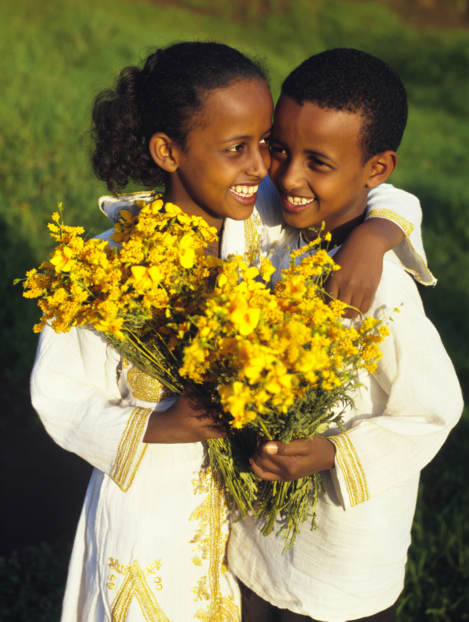 Two Ethiopian children in new white traditional clothing holding bunches of yellow wildflowers for Enkutatash celebration