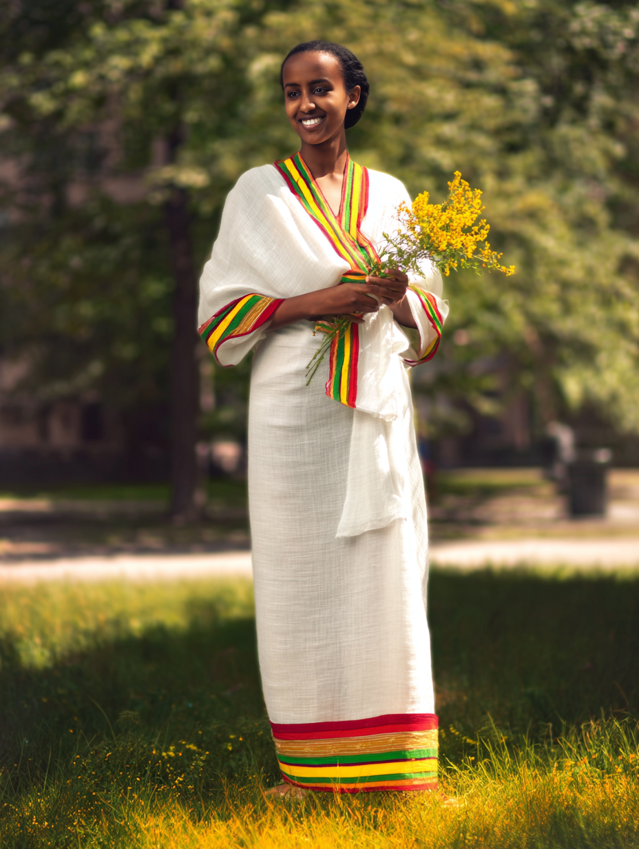 Young Ethiopian woman wearing a modern habesha kemis with Ethiopian flag-coloured tilet panel in green yellow and red