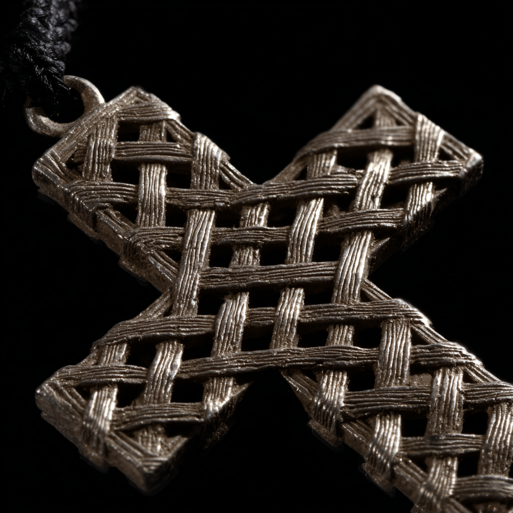 Extreme macro close-up of a Lalibela Ethiopian cross pendant showing the intricate interwoven diamond lattice pattern, individual silver wire crossings and natural patina visible against a black background
