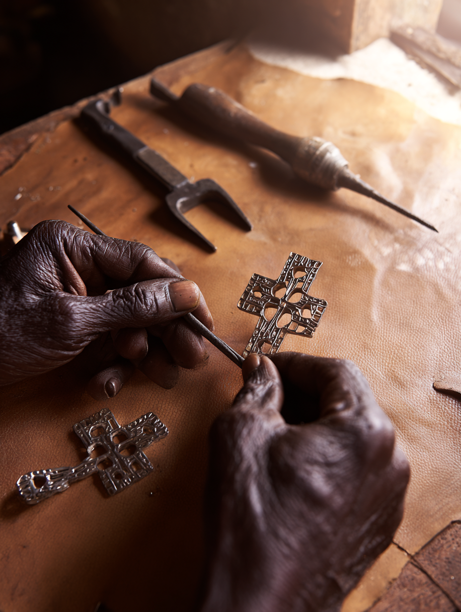 Ethiopian silversmith's hands working on a Lalibela cross pendant at a leather bench, traditional metalwork tools laid out alongside completed cross pieces, warm workshop window light