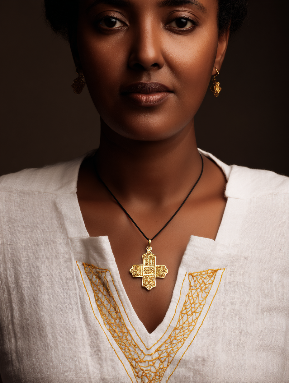 Close-up of Ethiopian woman's chest wearing a gold Lalibela cross pendant on a black mateb cord against a white habesha kemis with gold V-shaped tibeb yoke embroidery