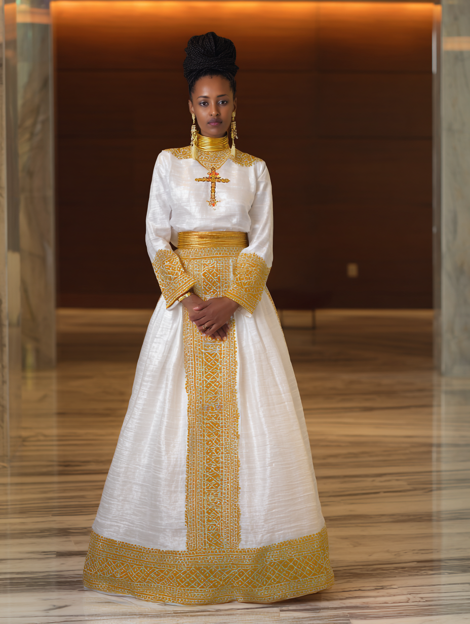 Ethiopian bride in full length white habesha kemis with gold tilet panel and tibeb borders, braided updo, gold cross pendant, standing in modern hotel lobby with marble floors