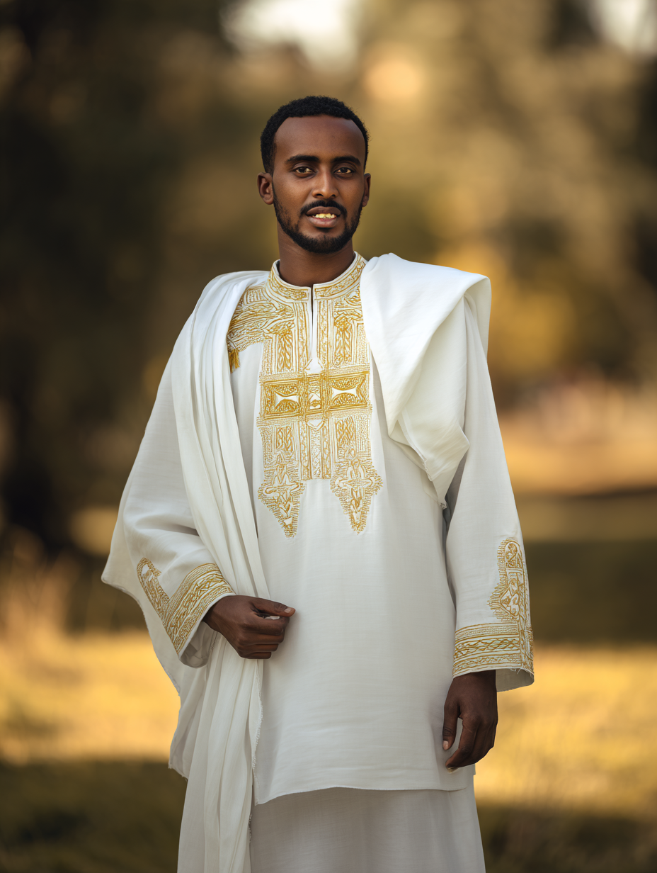 Ethiopian groom in white cotton wedding tunic with elaborate gold Coptic cross embroidery on chest, white gabi shawl draped over shoulder, warm golden hour light