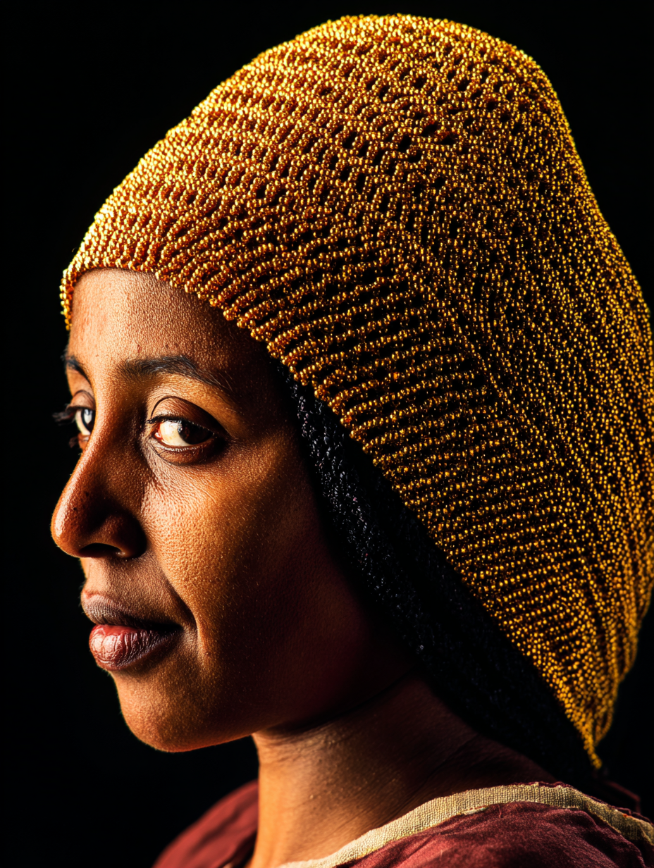 Close-up portrait of Ethiopian Harari woman wearing a traditional beaded shash head covering with intricate colourful beadwork and gold accents