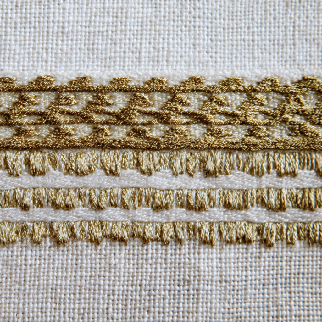 Extreme macro close-up of a Menen-style woven netela border showing gold metallic supplementary weft threads interlaced into white hand-spun cotton, geometric diamond pattern visible