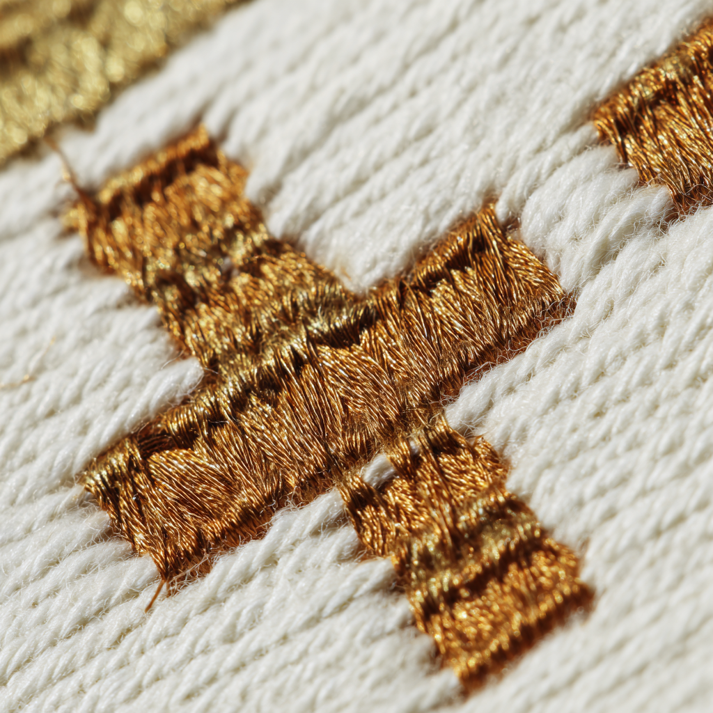 Extreme macro close-up of hand-woven Ethiopian tibeb border showing a raised gold cross motif with individual metallic threads interlaced into white cotton, revealing the dimensional woven texture