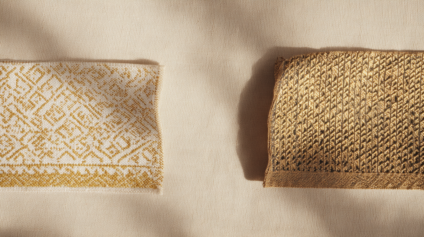 Side-by-side flat lay of two Ethiopian textile samples showing the size difference between a narrow tibeb border strip and a wide tilet panel, both with gold geometric patterns on white cotton